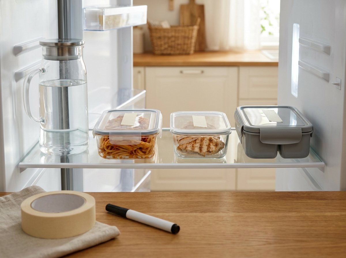 Top fridge shelf with a water pitcher, clear leftover containers and a lunch bin in a row