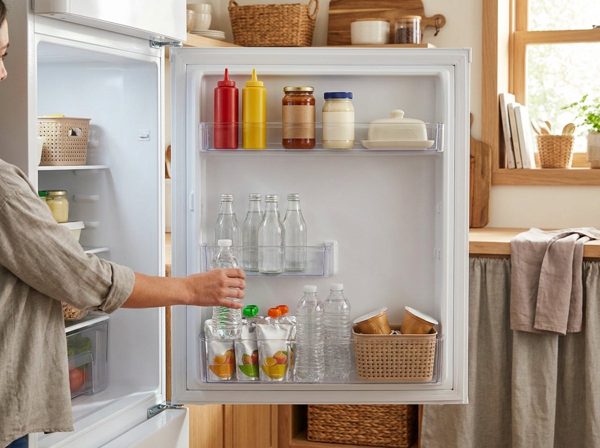 Open fridge door with condiments on top, glass bottles higher, and pouches and water bottles on the lowest shelf