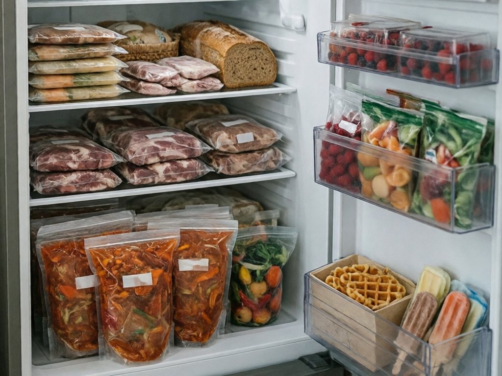 Organized freezer with flat meal bags stacked like files, meat, frozen fruit and a kid snack bin