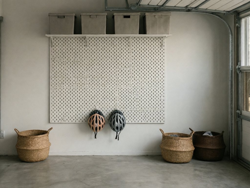 Garage wall with ceiling rack of lidded bins above a white pegboard holding two kids' helmets on low hooks