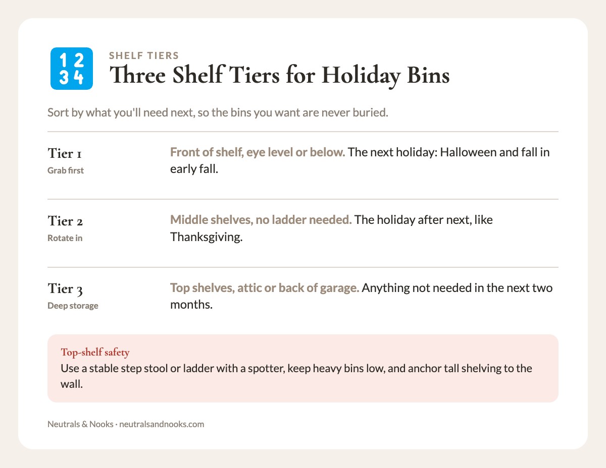 Info card showing three storage tiers: grab-first at eye level, rotate-in on middle shelves, deep storage on top shelves