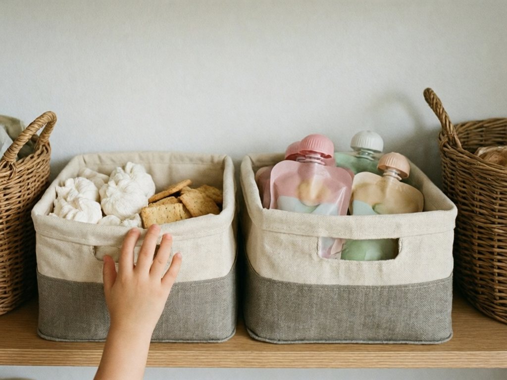 Child's hand reaching into an open cream bin of soft puffs and crackers on a low pantry shelf beside a bin of fruit pouches