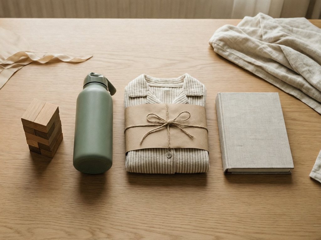 Four gifts in a row: wooden blocks, water bottle, folded pajamas and a picture book on an oak table