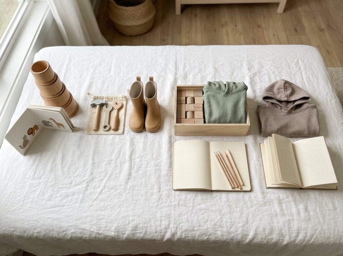 Age-graded gift groupings from toddler stacking cups to a teen-ish sketchbook and hoodie on white linen