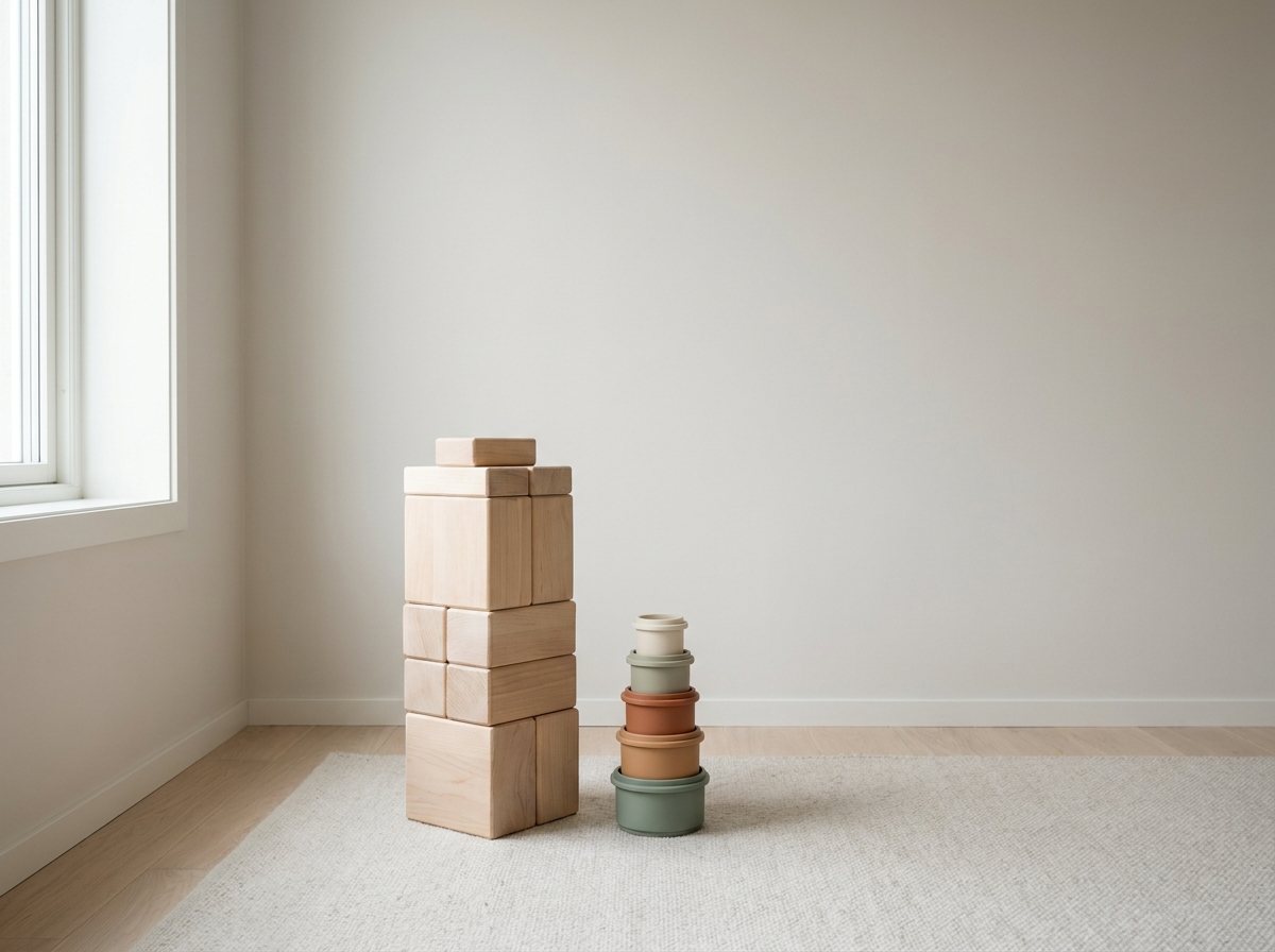 Large wooden blocks and stacking cups on a pale wood floor