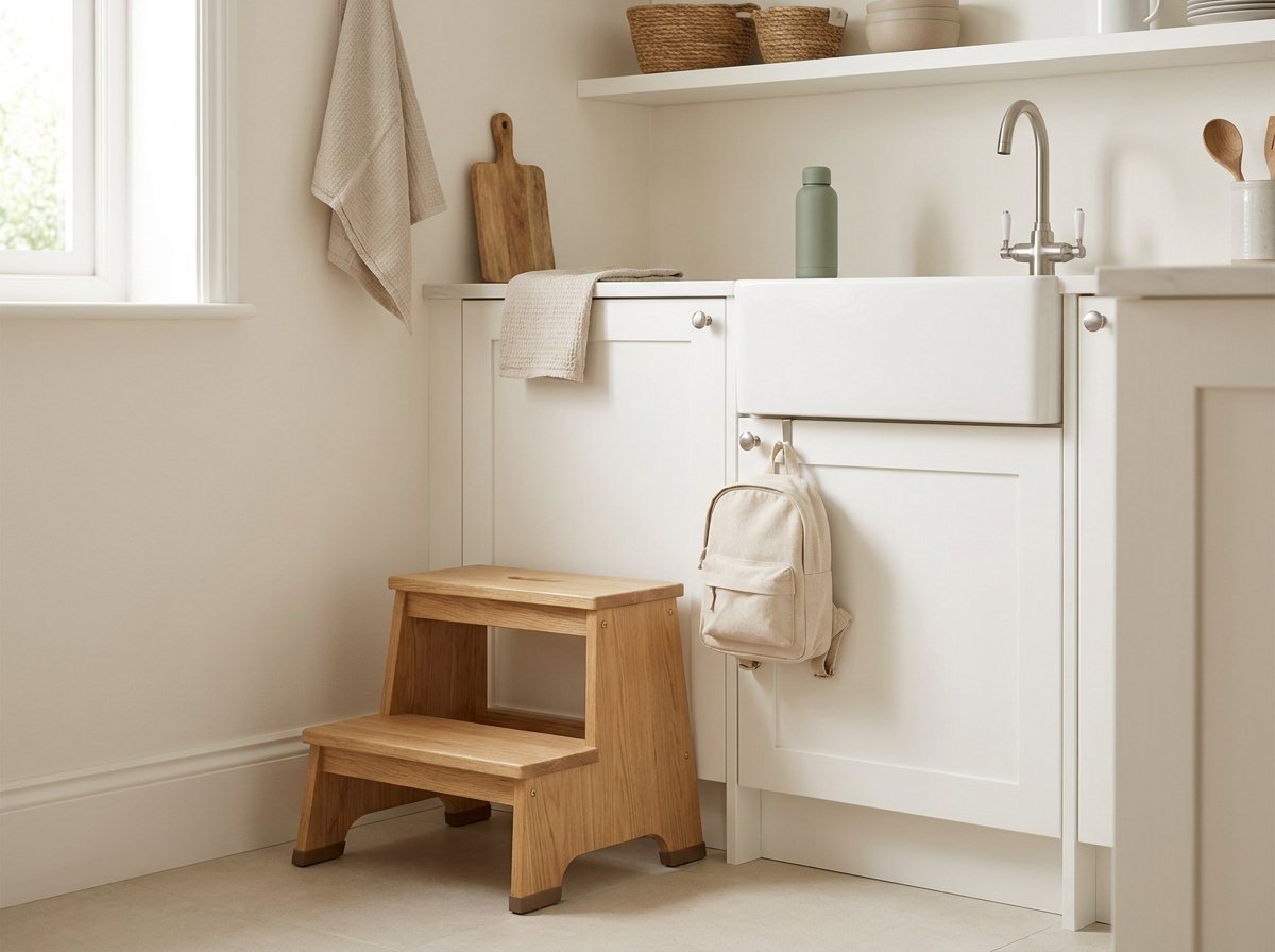 Wide-base wooden step stool by a kitchen sink with a small backpack and water bottle