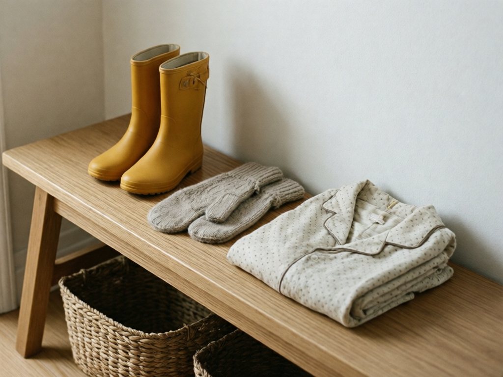Small yellow rain boots, knit mittens and folded pajamas on a wooden entry bench