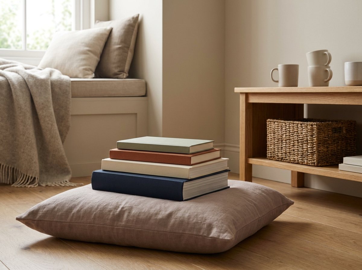 Stack of plain-covered chapter, graphic and field guide books on a linen cushion