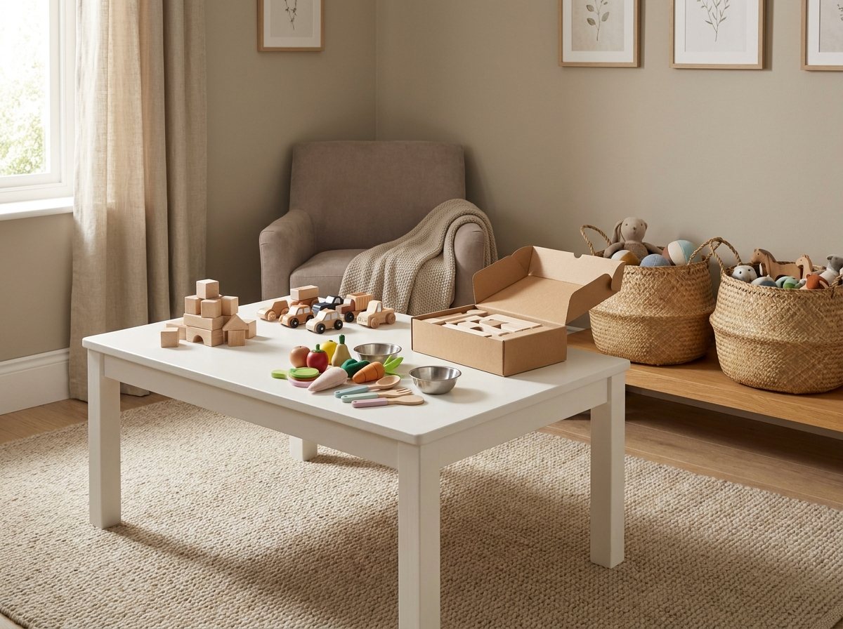 Playroom table with toys sorted into groups and woven bins for rotation