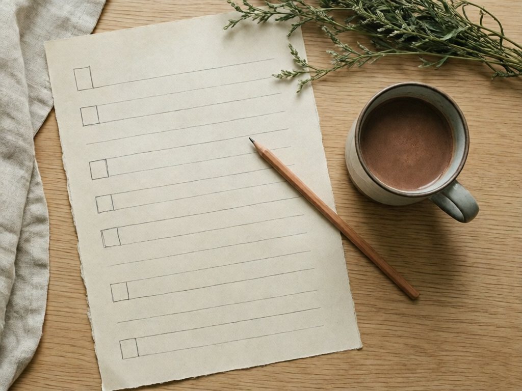 Blank paper with four empty boxes, a pencil and a mug of cocoa on a wood desk