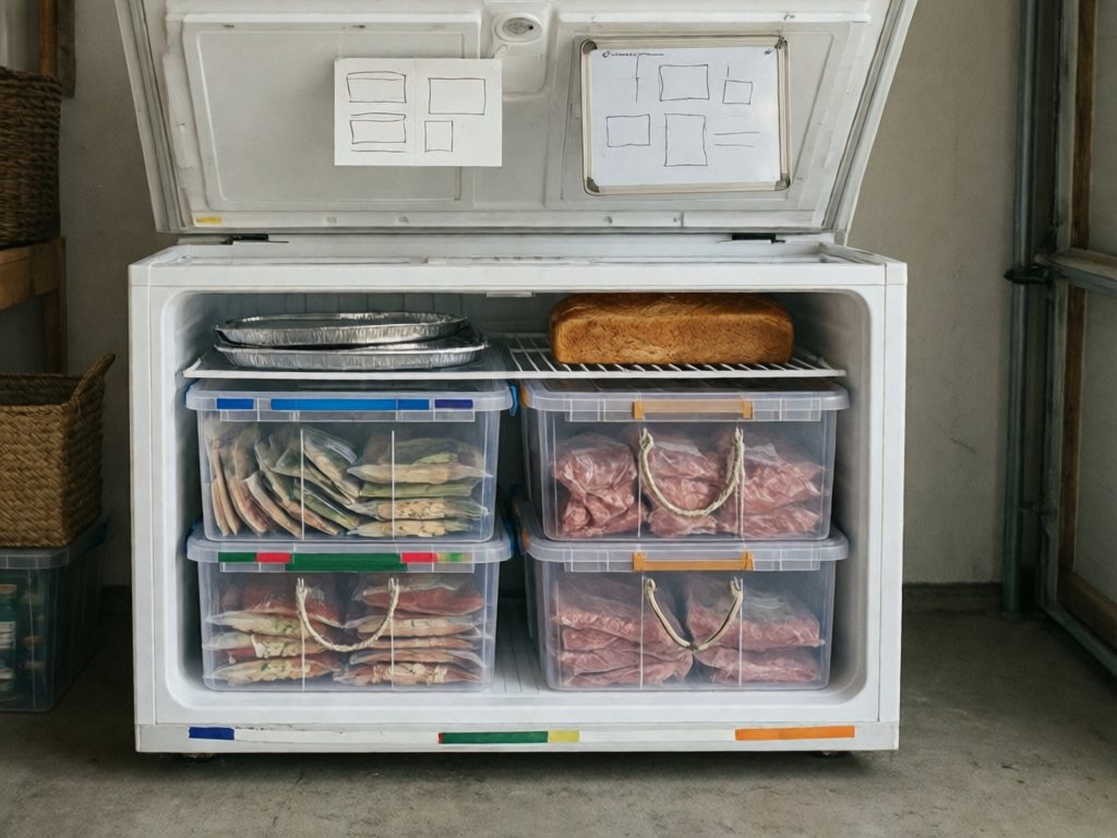 Blank index card and small whiteboard taped inside a chest freezer lid above organized bins
