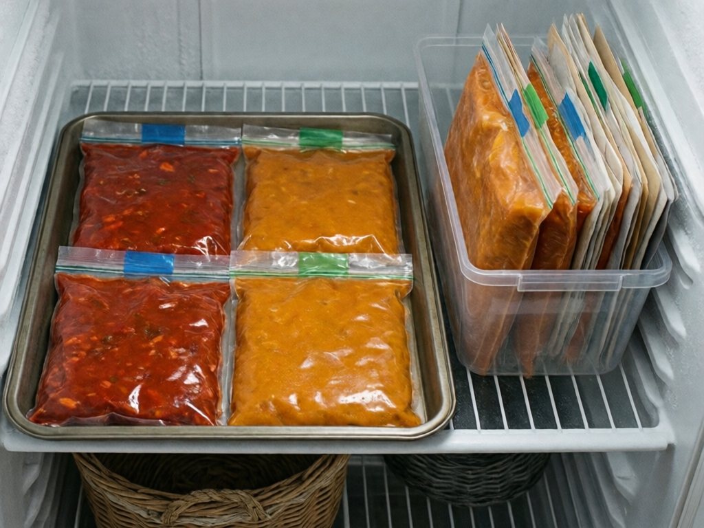 Flat zip-top bags of chili and soup freezing on a sheet pan next to bags standing upright in a bin