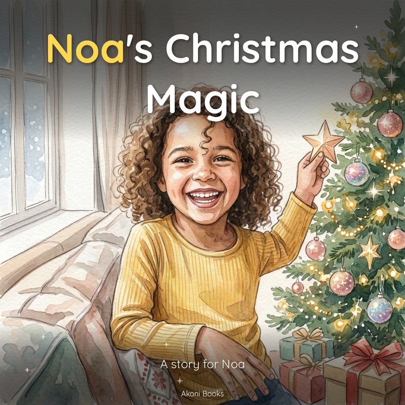 Illustrated cover of a personalized Christmas storybook from Akoni Books showing a smiling child reaching for a star on a Christmas tree
