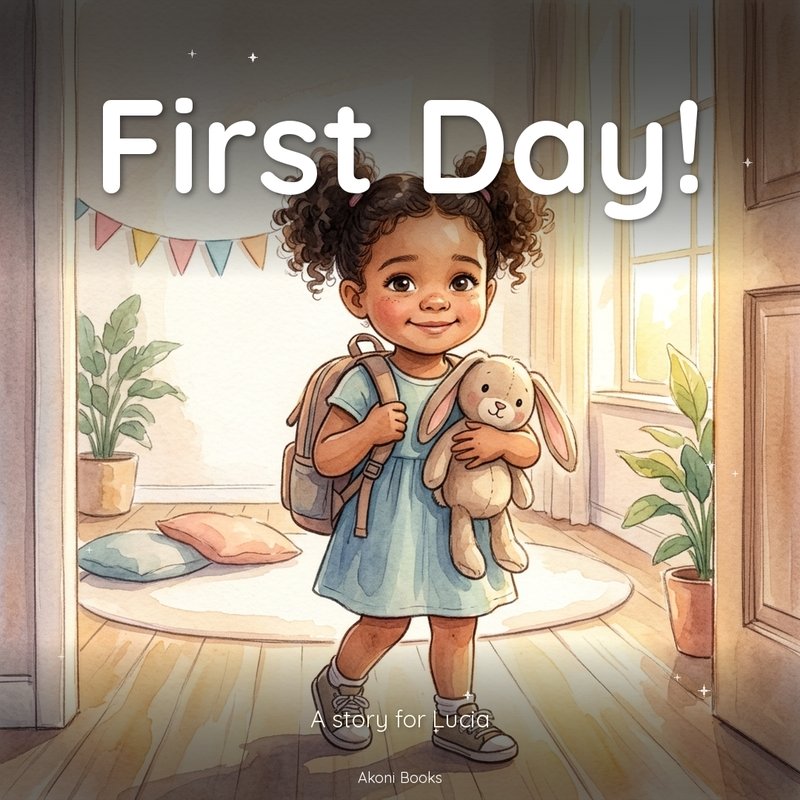 Illustrated cover of a personalized first day of school storybook from Akoni Books showing a small child with a backpack and a toy rabbit