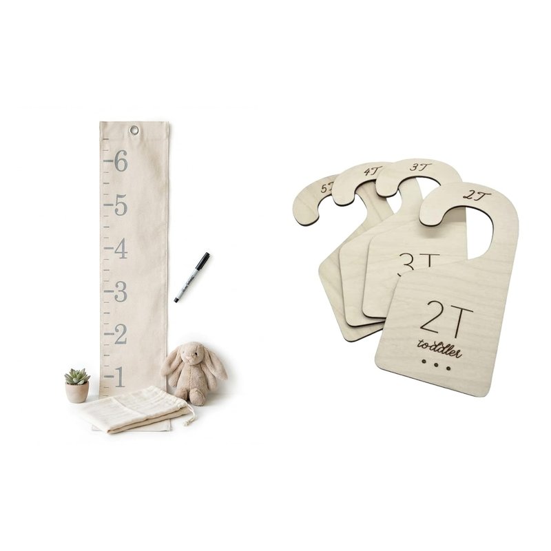 A canvas growth chart beside four birch wood toddler closet dividers