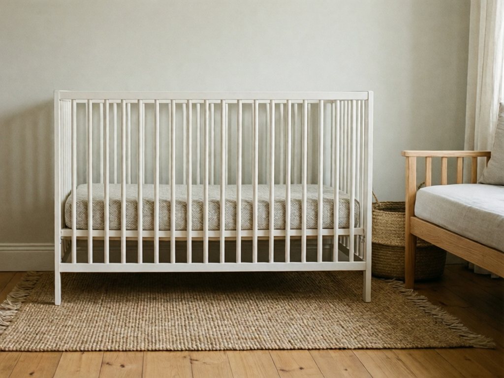 White slatted crib standing on a jute rug remnant in a neutral bedroom, with a wood daybed at the edge of the frame