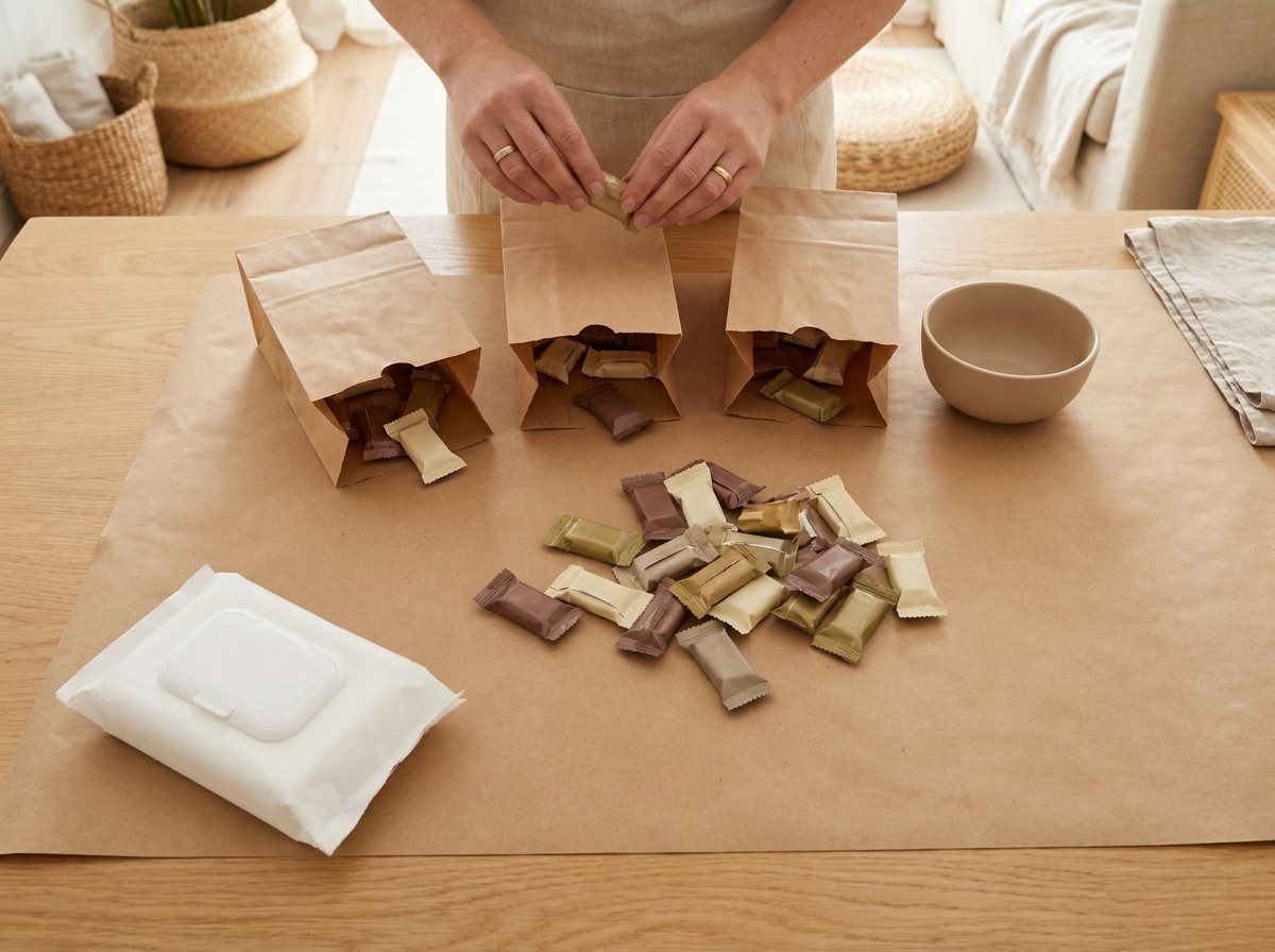 Candy sorting station with three paper bags, a small bowl and wrapped candy on a kraft-covered table