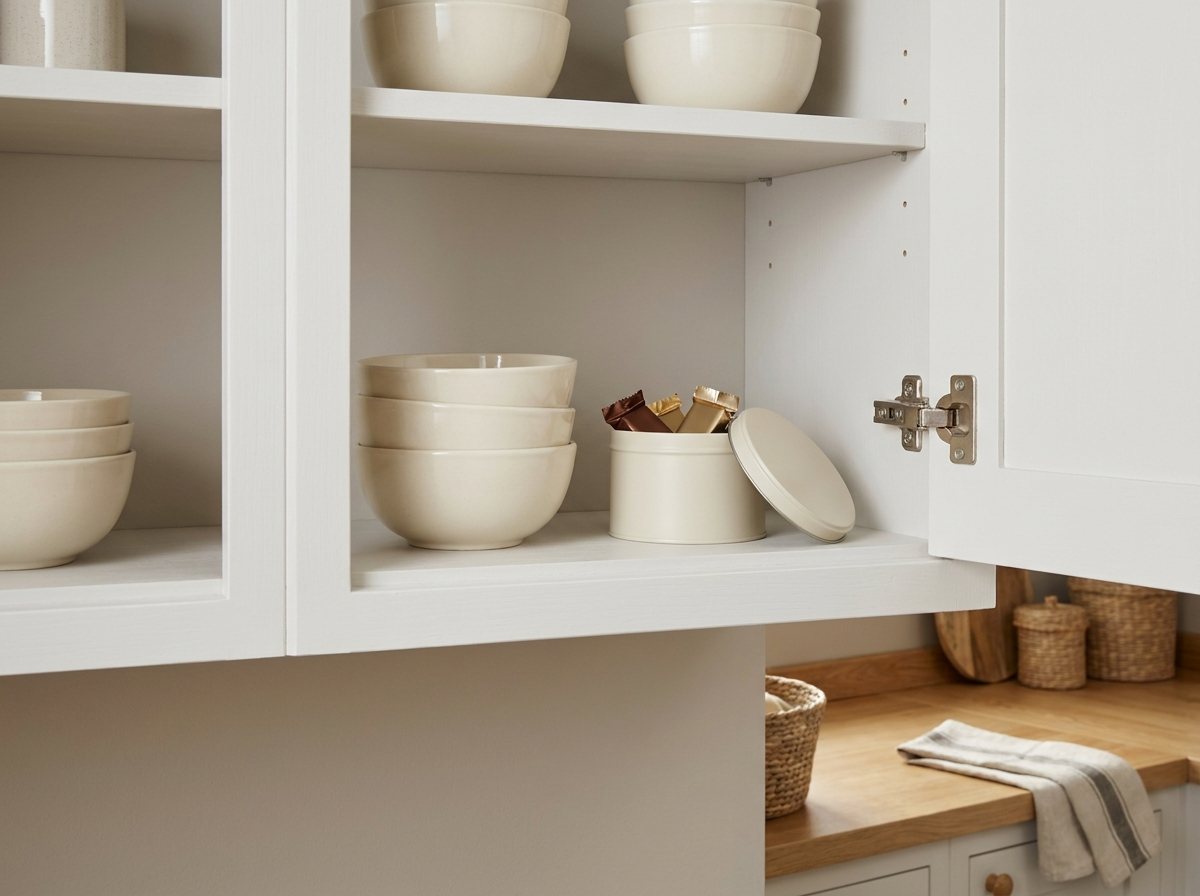 Small lidded tin on a shelf inside a kitchen cabinet next to neutral dishes