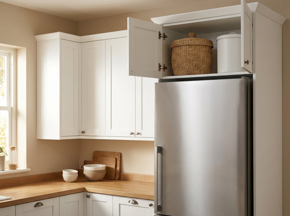 Lidded woven basket on the top shelf of the cabinet above a refrigerator