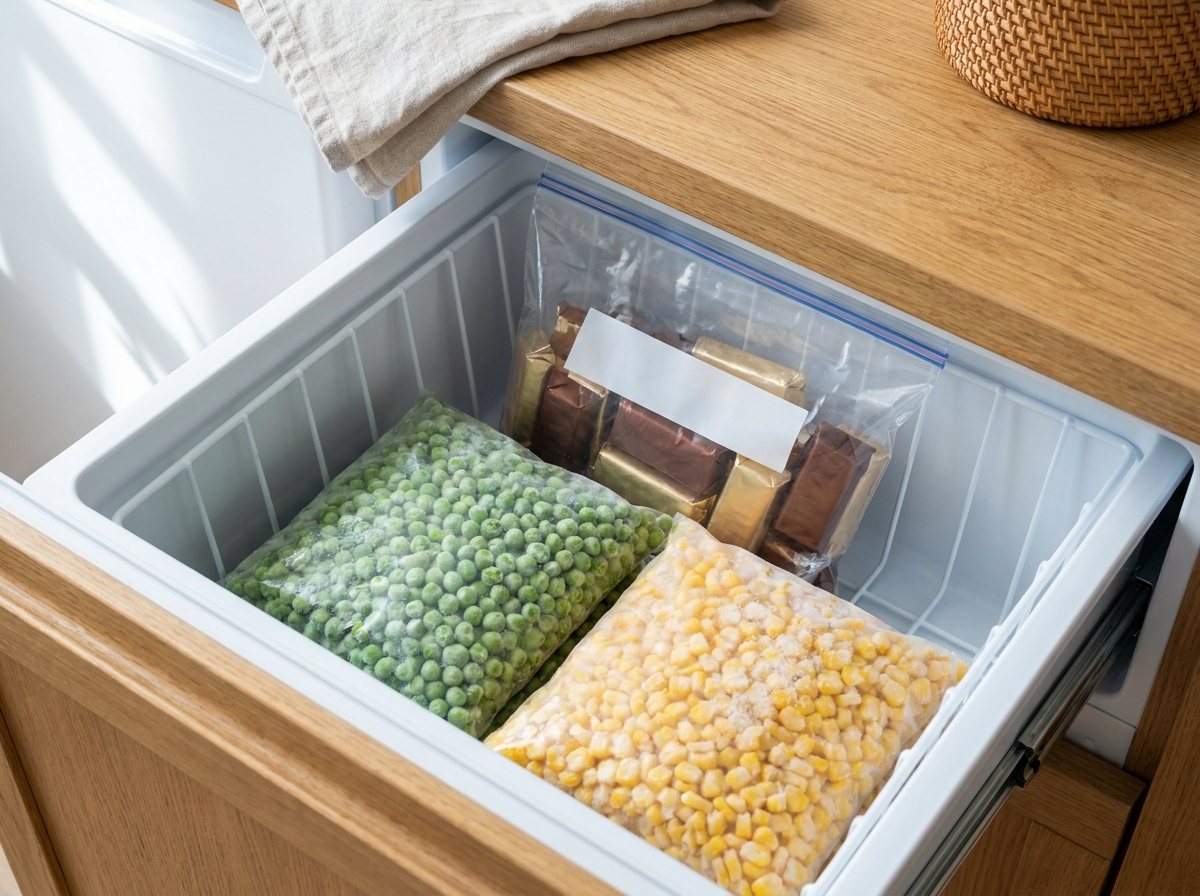 Flat freezer bag of wrapped chocolate with a blank label tucked behind bags of frozen vegetables