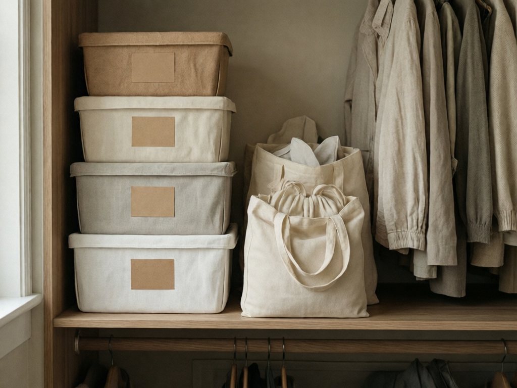 Closet shelf with stacked neutral lidded bins and cream costume bags with blank kraft labels
