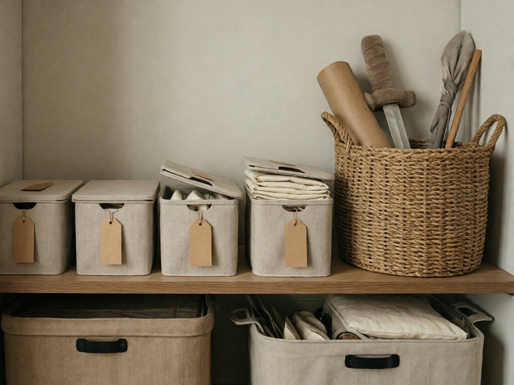 Row of four lidded neutral bins and a tall props basket on a closet shelf, one bin open with bagged costumes