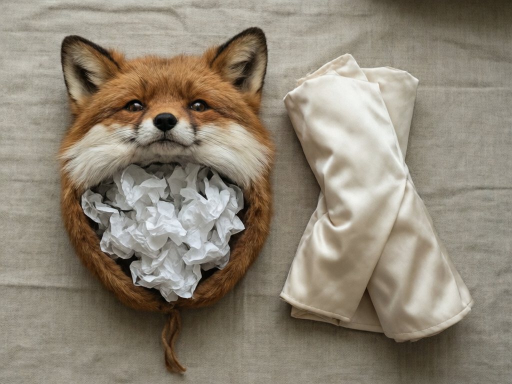 Felt fox hat stuffed with white tissue beside a loosely rolled cream satin cape on neutral linen