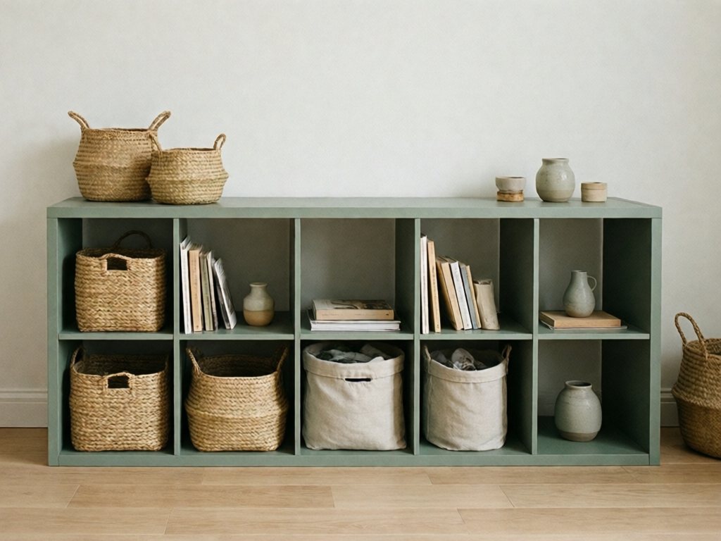 Sage green painted Kallax shelf with woven baskets, linen bins and open cubbies