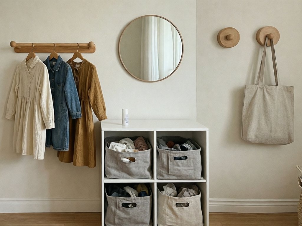 Kallax with accessory bins beside a low wall rail of costumes and a wall-mounted mirror