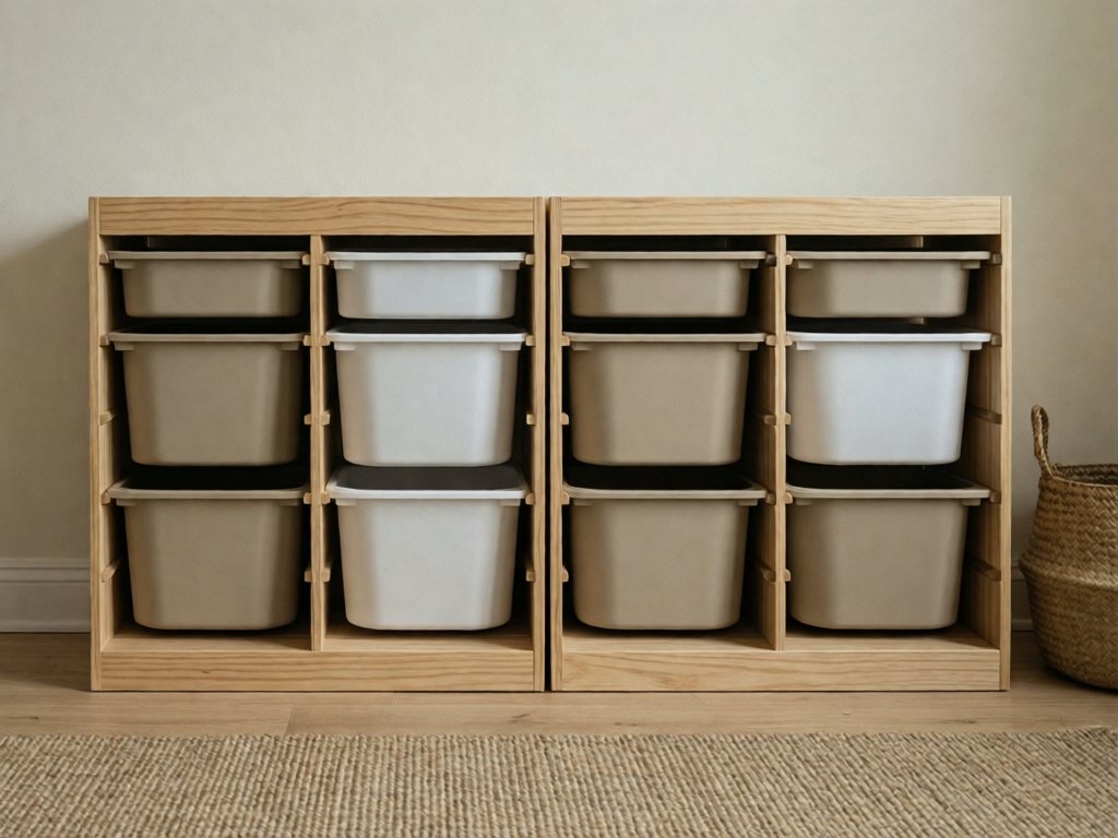 Two matching Trofast frames side by side with beige and white bins against a pale wall