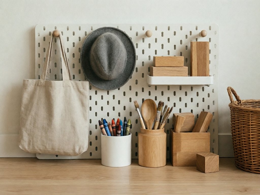 White pegboard on a pale wall with rounded hooks, a canvas bag and containers of art supplies