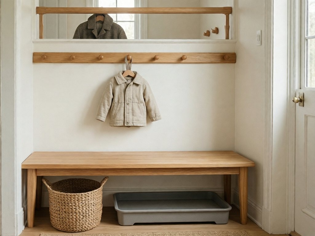 Warm white entry wall with a low wood peg rail holding a small oatmeal toddler jacket above a bench and basket