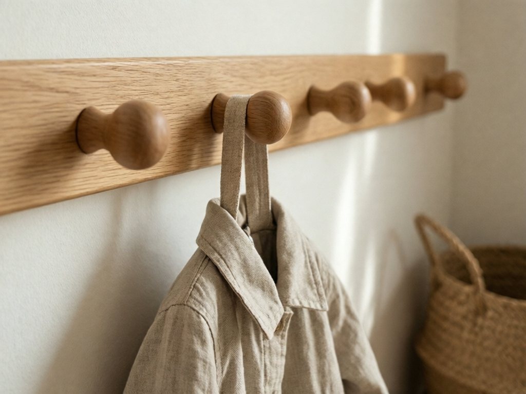 Close-up of a wood rail with rounded pegs and a small jacket hanging by a flat fabric loop