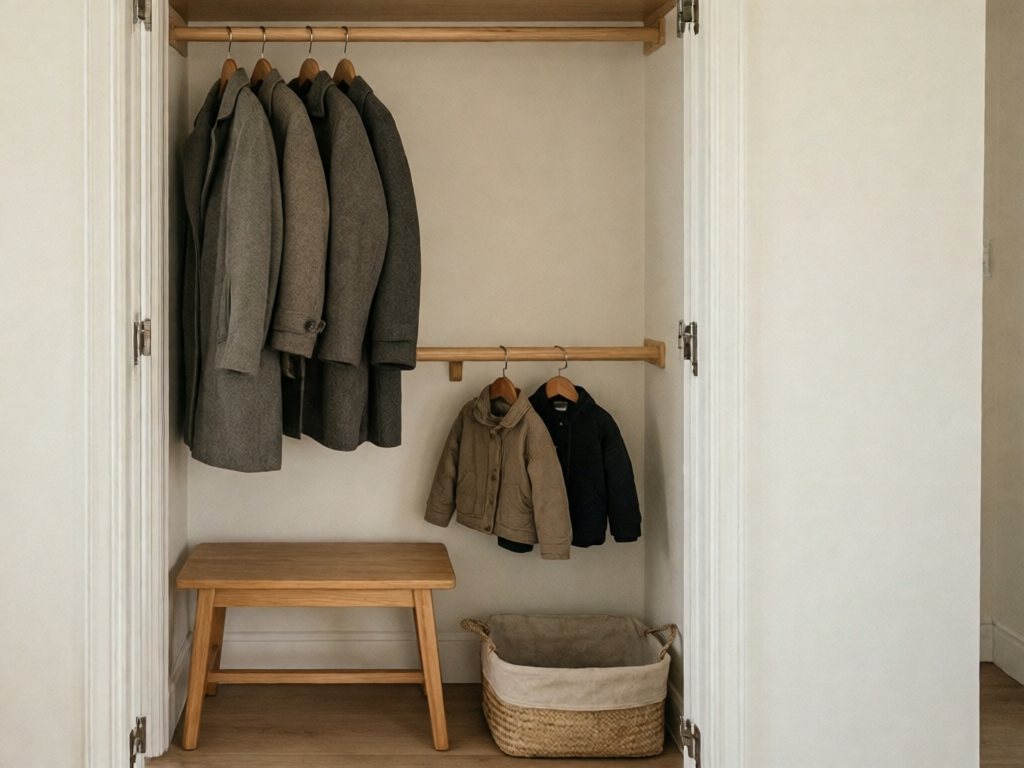 Reach-in closet with no door, an adult rod above and a lower toddler rod with small jackets on child-size hangers, plus a bench and basket