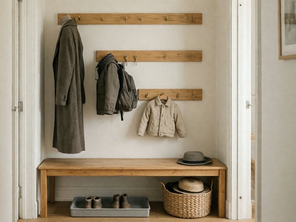 Narrow entry wall with adult, older-child and toddler hook tiers above a bench, boot tray and basket