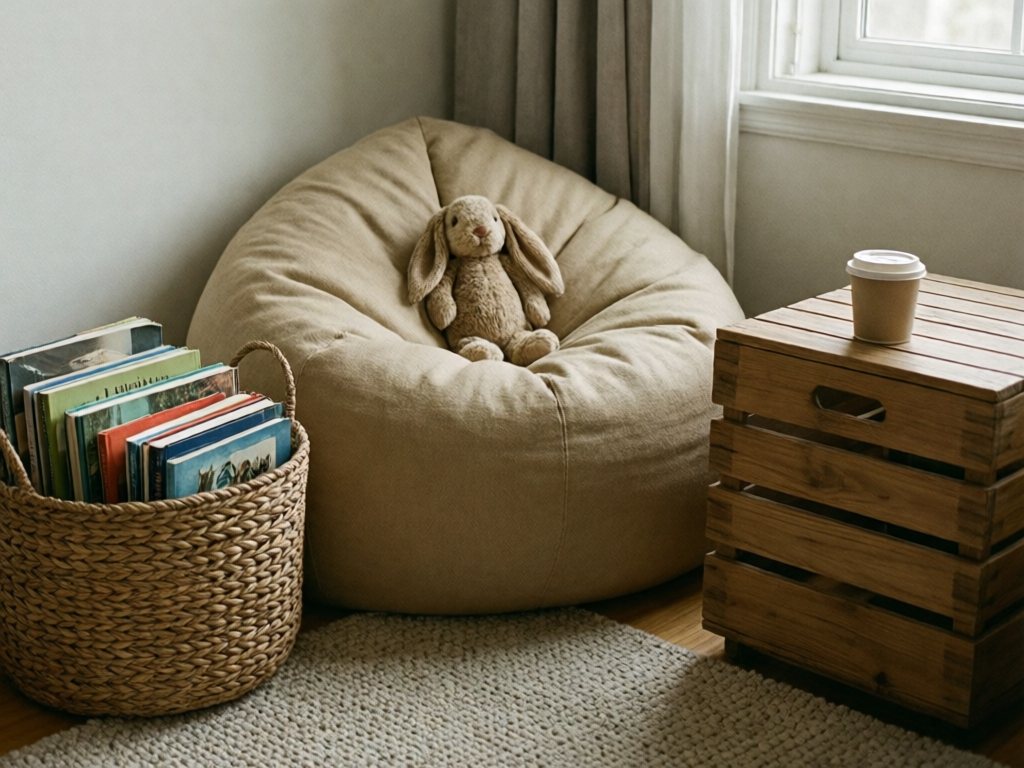 Oatmeal beanbag with a stuffed bunny, a basket of picture books and a small crate table with a lidded cup in a reading nook