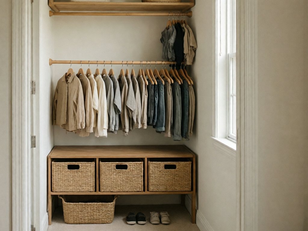 Toddler closet with a lowered clothing rod, open woven bins and a low shoe basket