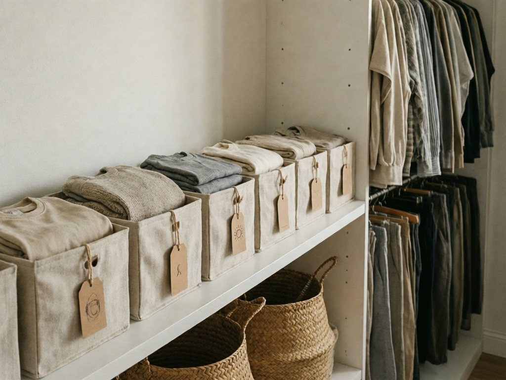 Seven linen bins on a low shelf, each holding a folded outfit, beside a divided hanging section