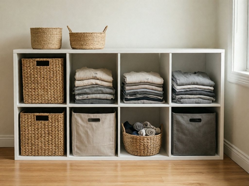 White cube storage unit with woven baskets, fabric bins and folded kids' clothes, anchored to the wall