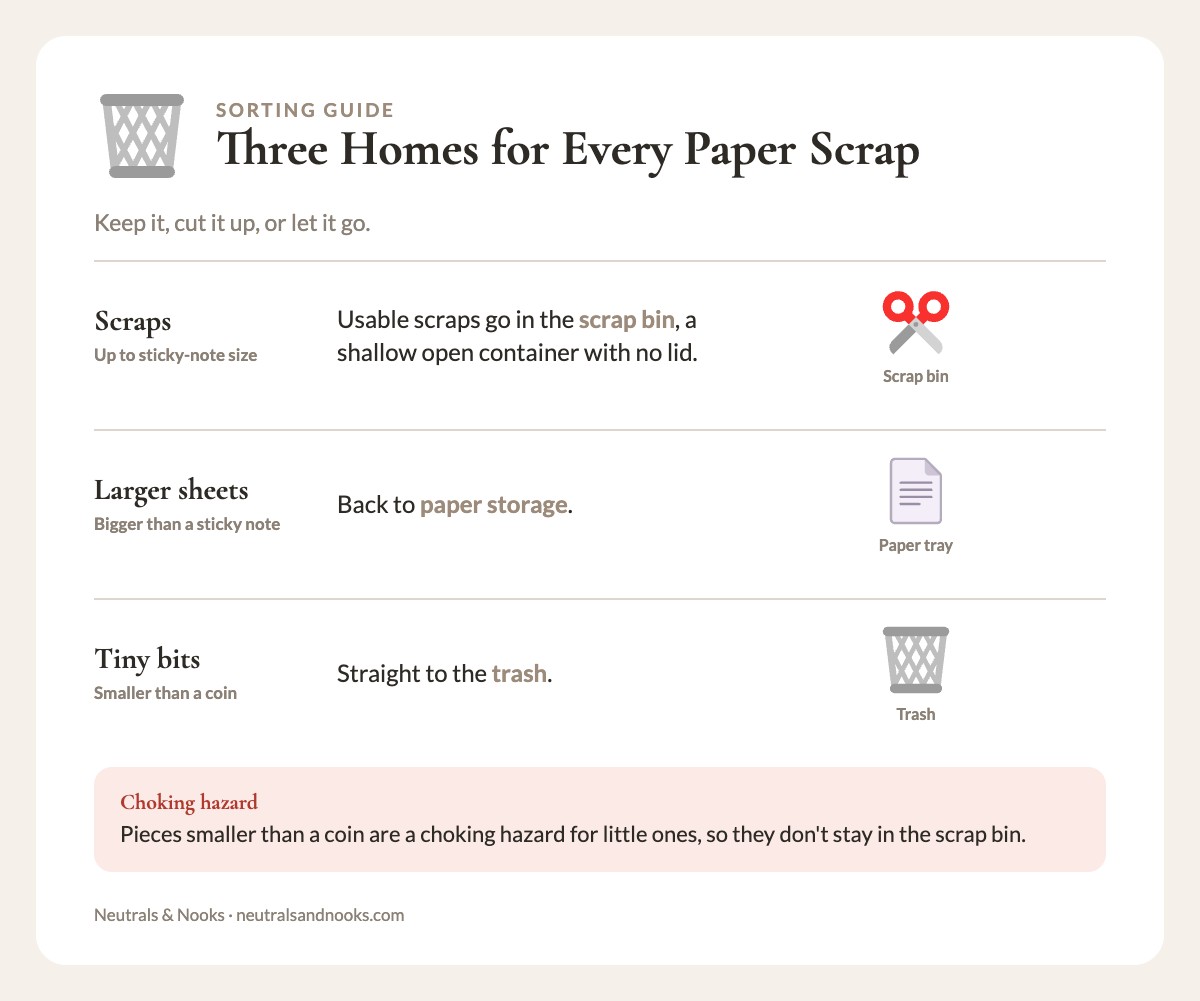 Three-row chart sorting paper pieces by size: scraps to the scrap bin, large sheets to paper storage, tiny bits to trash