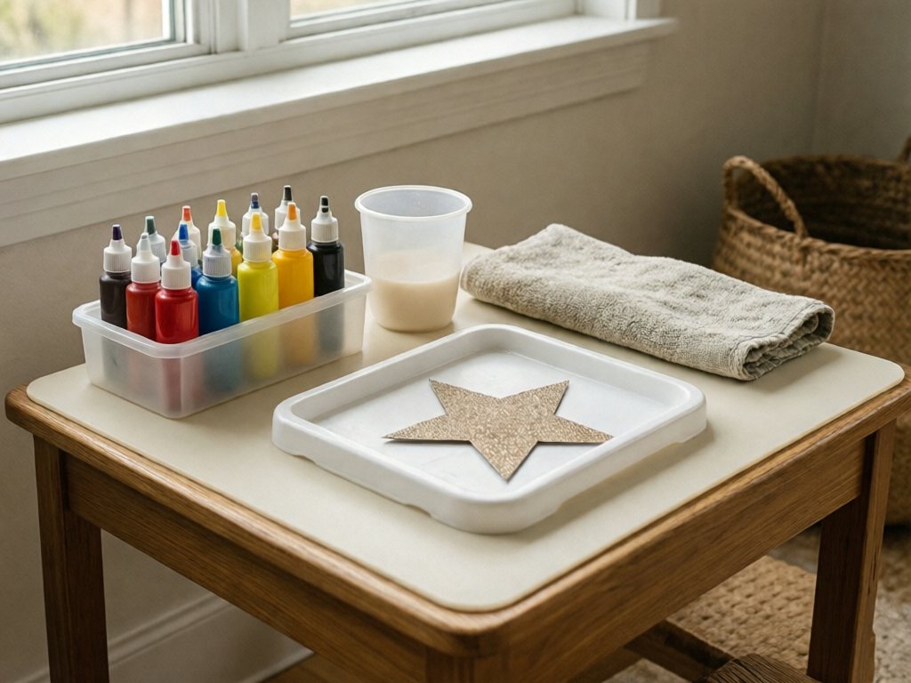 Kids' craft table with a cream silicone mat, plastic caddy of paint bottles, rinse cup, folded towel, and a tray with a glitter paper craft
