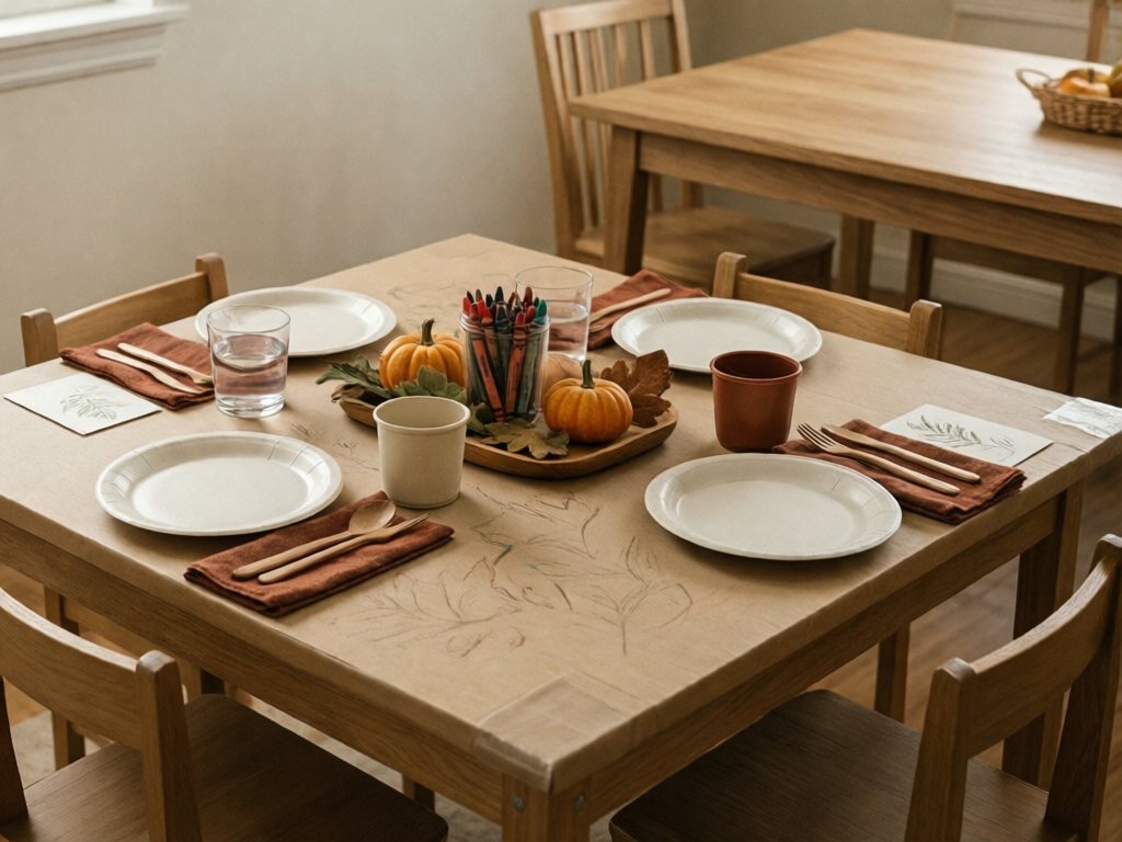 Kids' card table covered in kraft paper with white plates, short cups, rust napkins and a low pumpkin tray