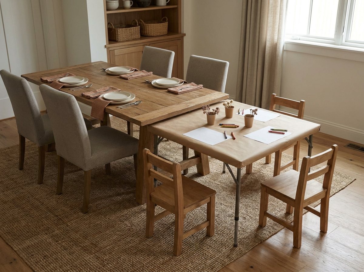 Card table placed at a right angle to the end of a dining table in an oat-toned room