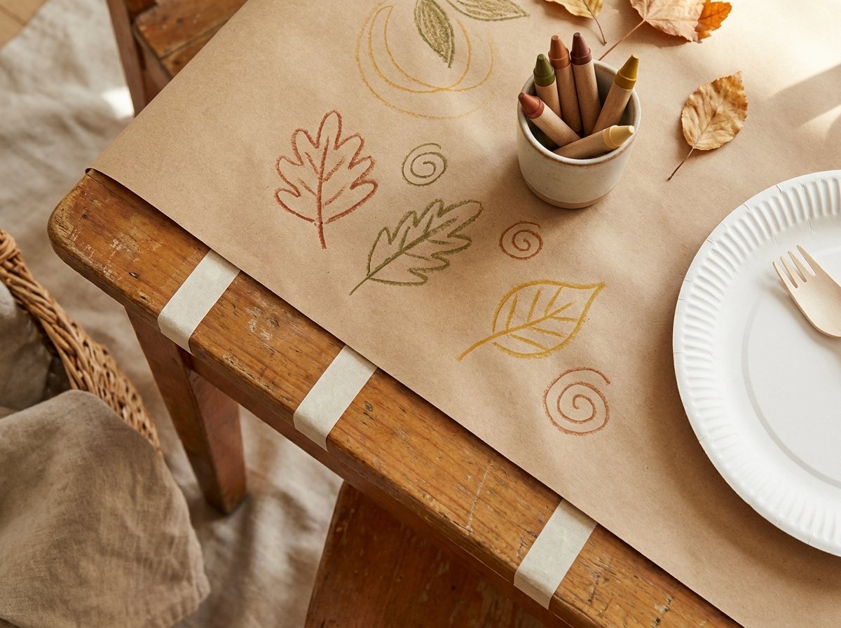 Kraft paper taped over a card table with crayon doodles, chunky crayons and dried leaves