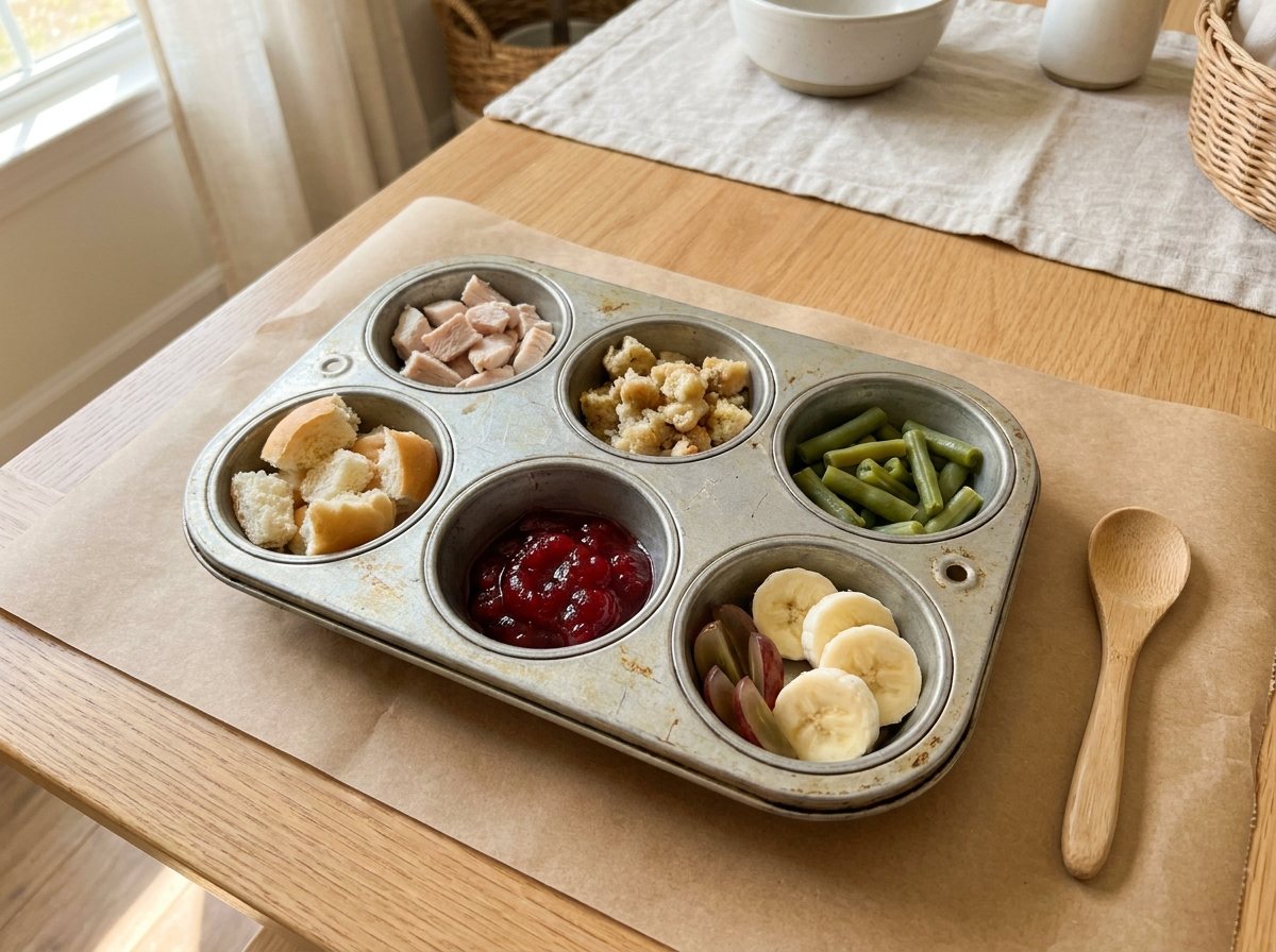 Muffin tin plate with turkey, stuffing, green beans, torn roll, cranberry, and banana in small pieces