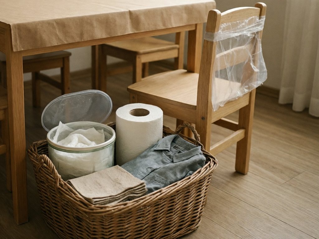 Basket with washcloths, paper towels, napkins and spare clothes next to a chair with a trash bag taped on
