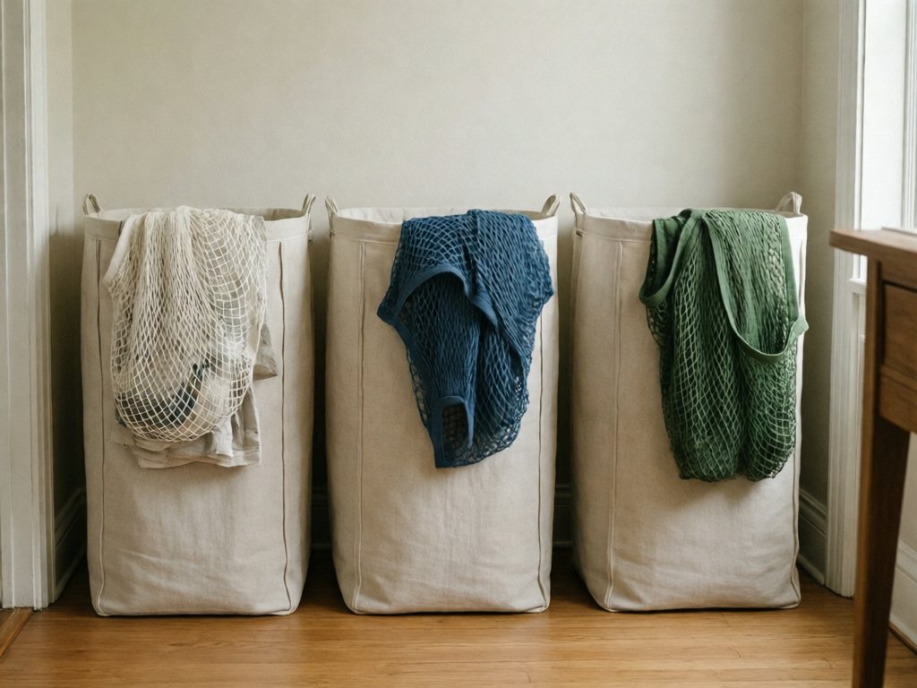 Three matching cream fabric hampers in a hallway, each with a white, blue or green mesh laundry bag draped over the rim