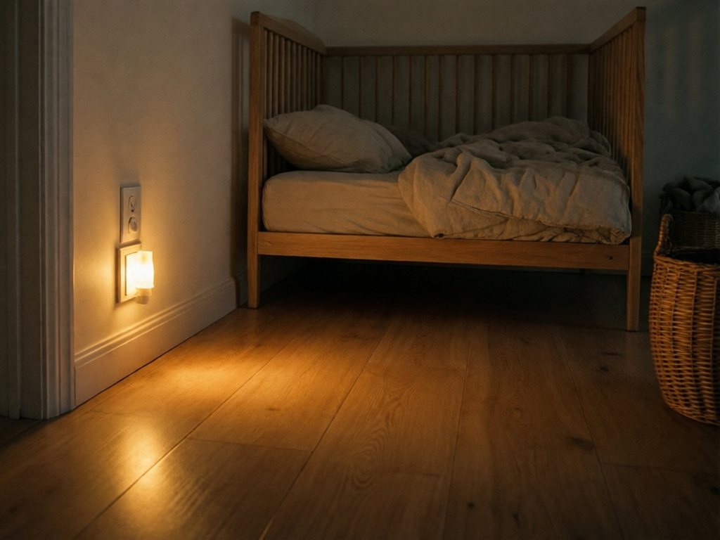 Plug-in amber nightlight low on a bedroom wall casting soft glow across the floor near a toddler bed