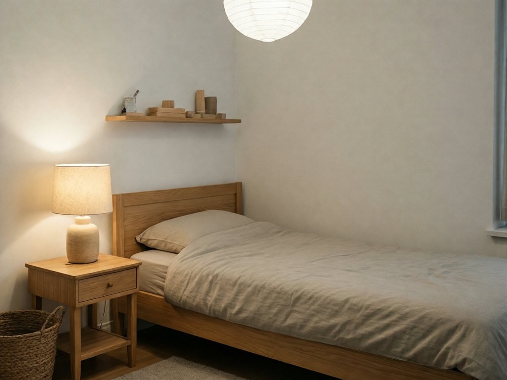 Child's bedroom at dusk with a low wood bed, a glowing fabric-shade bedside lamp, and a dimmed round ceiling light