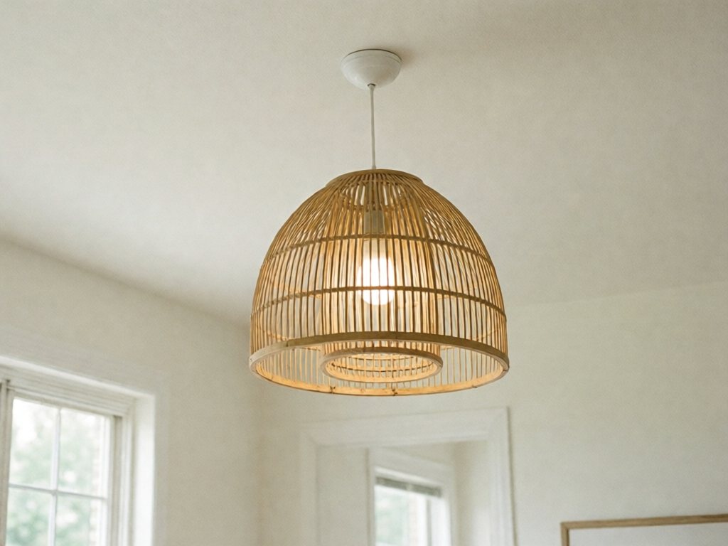 Natural bamboo woven pendant light glowing warm white from a ceiling canopy in a pale, neutral room with soft window daylight